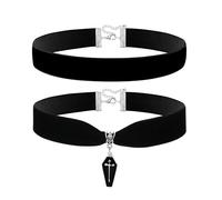 JewelryWe Gothic Velvet Choker Necklaces: Vintage Punk Costume Accessories Black Coffin Cross Pendant 2-Piece Necklace Set Halloween Christmas Jewelry for Women