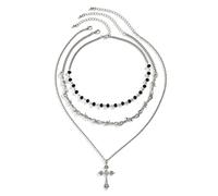 JewelryWe Halloween Necklace for Women: Gothic Punk Barbed Wire Cross Layered Stainless Steel Black Crystal Beads Adjustable Multi Strand Choker