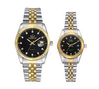 JewelryWe His and Her Matching Couple Watches Gold-Silver Tone Quartz Calendar Watch,2PCS Black