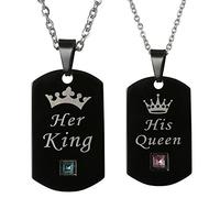 JewelryWe His Queen Her King Army Style Stainless Steel Dog ID Tags Pendant Necklace for Couple Lovers, Anniversay Valentine Gifts