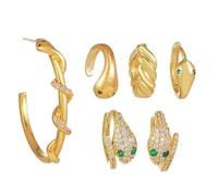 Jewelrywe Hoop Huggie Snake Earrings: Women 6 Pairs Gold Cubic Zirconia Emerald Wrap Snake Shaped Chunky Small Delicate Stainless Steel Earring Set