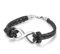 JewelryWe Infinity Love Charm Bangle Leather Stainless Steel Bracelet Men Women, Black