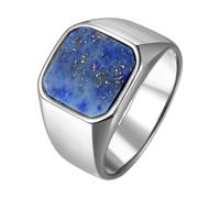 JewelryWe Lapis Lazuli Signet Ring: Silver-tone Stainless Steel Square Stone Face Band Waterproof and Fade-resistant Fashion Rings for Men Size 7-13