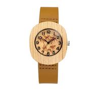 JewelryWe Leather Strap Watches for Women - Quartz Analog Tonneau Ladies Minimalist Arabic Numeral Bamboo Leaf Dial Wristwatch