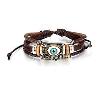 JewelryWe Leather Vintage Turkish Blue Evil Eye Bracelet Luck Protection Men Women Braided Wrist Cuff, Adjustable 8.1-10.8inches