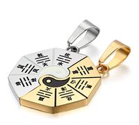 JewelryWe MatchingYin Yang BA GUA Eight Trigrams Stainless Steel Lucky Charm Pendant Necklace Set for Couple, Silver Gold