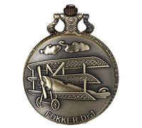 JewelryWe Men Airplane Pocket Watch Vintage Fokker DR.1 Pendant Watch Bronze Necklace Watch with Chain