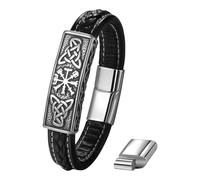 JewelryWe Men’s Viking Leather Bracelet: Adjustable Magnetic Clasp Braided PU Cuff - Stainless Steel Norse Runes Compass Amulet Jewelry for Father Husband