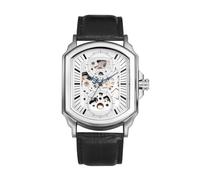 JewelryWe Men Skeleton Mechanical Watch: Business Silver Case Silver Dial Genuine Leather Band Waterproof Men's Wrist Watch Party Jewelry Gift