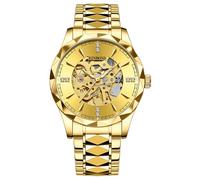 JewelryWe Men Skeleton Wrist Watch: Gold Rhombus Hollow Dial Analog Mechanical Self Winding Waterproof Luminous Hand Luxury Business Engraving Stainless Steel Wristwatch