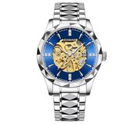 JewelryWe Men Skeleton Wrist Watch: Silver Rhombus Hollow Dial Analog Mechanical Self Winding Waterproof Luminous Hand Luxury Business Engraving Stainless Steel Wristwatch