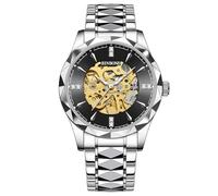JewelryWe Men Skeleton Wrist Watch: Silver Rhombus Hollow Dial Analog Mechanical Self Winding Waterproof Luminous Hand Luxury Business Engraving Stainless Steel Wristwatch
