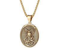 JewelryWe Men St Michael Necklace: Gold Oval Shield Saint Michael Archangel Guardian Pendant Catholic Medal Protection Amulet Gift