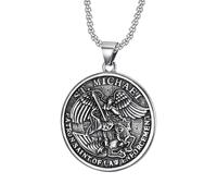 JewelryWe Men St. Michael Necklace: Women Medal Archangel Michael Amulet Medal Stainless Steel Pendant Guardian Religious Jewelry Gift with 22 Inch Chain