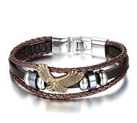 JewelryWe Men Women Brown Leather Wrap Bracelet Retro Eagle Beads Charm Leather Alloy Bangle