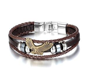 JewelryWe Men Women Brown Leather Wrap Bracelet Retro Eagle Beads Charm Leather Alloy Bangle