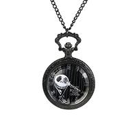 JewelryWe Men Women Unisex Kids Nightmare Before Christmas Vintage Themed Skeleton Pocket Watch with Chain Black Necklace Watch for Xmas
