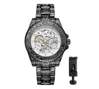 JewelryWe Men's Automatic Skeleton Watch: 36H Power Reserve Vintage Engraved Skeleton Rotatable Bezel - Diamond Markers Luminous - Stainless Steel Band Fits 9.05" - Black Silver