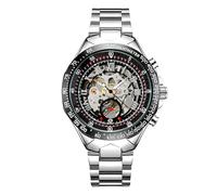 JewelryWe Men's Automatic Skeleton Watch: Gold-Tone Mechanical Movement Roman Numeral Black Dial - Adjustable Stainless Steel Band Business Fashion Dress Timepiece