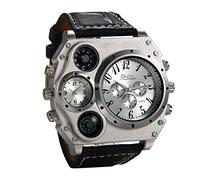 JewelryWe Men's Business Sport Watch Large Dial Two Time Zones Decoration Compass Needle Temperature Three Eyes Six Pointers Analogue Quartz Leather Alloy Strap, Strap