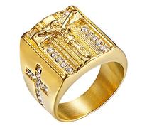 JewelryWe Mens Cross Ring Stainless Steel Gold Plated Christian Jesus Religious Rings, for Xmas