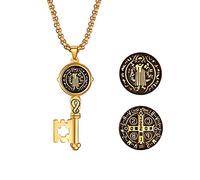 JewelryWe Mens Key Pendant Necklace,Vintage St. Benedict Exorcism Stainless Steel Necklace with 22 Inch Chain(Gold)