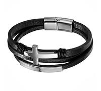 JewelryWe Men's Leather Bracelet Free Engraving Personalised Cross Charm Multi-layer Leather Wrap Bracelets with Magnetic Clasp