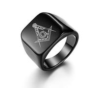 JewelryWe Men's Masonic Ring Polished Black Plated Stainless Steel Freemason Signet Ring Bands(Size V 1/2)