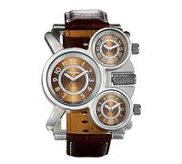 JewelryWe Mens Military Three Time Zone Quartz Watch Big Face Leather Strap Wrist Watch
