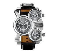 JewelryWe Mens Military Three Time Zone Quartz Watch Big Face Leather Strap Wrist Watch