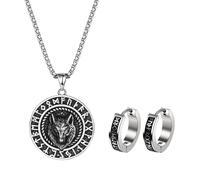 JewelryWe Men's Necklace Earrings Set: Religious Viking Stainless Steel Wolf Pendant Compass Rune Adjustable Chain Women's Necklace Earrings Jewelry Set Gift