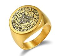 JewelryWe Men's Ring Seals of The Seven Archangels Rings Statement Stainless Steel Flat Top Signet Rings Band,Gold(Size 12)