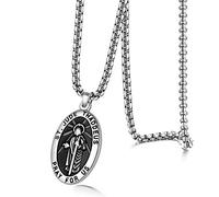 JewelryWe Men's Saint Jude Thaddeus Jesus Oval Medal Stainless Steel Pendant Necklace(Silver)