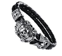JewelryWe Men's Stainless Steel Braided Leather Love Bracelet Bangle Cuff Silver Black Skull Gothic Cross, Birthday (with Gift Bag)