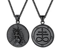 JewelryWe Men's Stainless Steel Necklace: Black Religious Baphomet Satan Goat Lucifer Guardian Rune Gothic Double-Sided Pendant Necklace