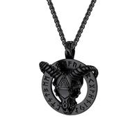 JewelryWe Men's Stainless Steel Necklace: Religious Mystical Black Viking Rune Baphomet Goat Head Pendant Viking Jewelry Necklace