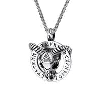 JewelryWe Men's Stainless Steel Necklace: Religious Mystical Silver Viking Rune Baphomet Goat Head Pendant Viking Jewelry Necklace