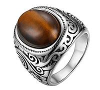 JewelryWe Mens Stainless Steel Ring: Classic Vintage Artificial Black Onyx Stone Rings Gothic Punk Biker Tiger Eye Signet Ring Bands for Valentines Day Fathers Day Anniversary