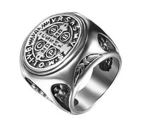 JewelryWe Men's Stainless Steel Ring: Religious Saint Benedict Medal Catholic Protection Exorcism Cross Silver Ring Jewelry Gift for Him Sizes P1/2-Z1⁄2