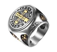 JewelryWe Men's Stainless Steel Ring: Religious Saint Benedict Medal Catholic Protection Exorcism Cross Gold Ring Jewelry Gift for Him Sizes P1/2-Z1⁄2