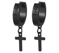 JewelryWe Men's Viking Rune Earrings: Black Vintage Religious Stainless Steel Christian Cross Pendant Hoop Earrings Jewelry Gift