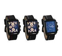 JewelryWe Mens Watch 3 Eyes Quartz Calendar Square Dial Leather Wrist Watch