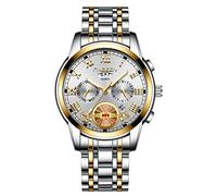 JewelryWe Men's Watch Stainless Steel Quartz Analogue Watch 30 m Waterproof Roman Numerals Dial Watch with Week Date Calendar and Luminous Hands Father's Day Gift, Gold Silver, Bracelet