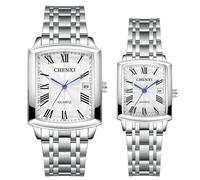 JewelryWe Men's Women's Couple Watch Quartz Analogue Rectangular Ceramic Band Partner Friendship Watch with Rhinestones Black White Gift Valentine's Day, Silver/White-Pair Watches, Classic and elegant