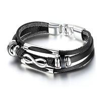 JewelryWe Mens Womens Leather Bracelet, Love Infinity Charm Cuff Bangle, Black Silver