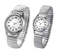 JewelryWe Mens Womens Ultra Thin Easy Reader Watch with Elastic Strap, Golden His and Her Couple Wristwatches Set
