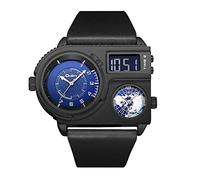 JewelryWe Military Three Time Zone Watch for Men Big Analog Digital Dual Display Dial Quartz Watch Cool Casual Leather Wristwatch