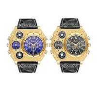 JewelryWe Military Watch for Men 2 Time Zone Big Quartz Watch Mens Leather Wrist Watch Cool Casual Sports Wirstwatch