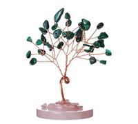JewelryWe Mini Healing Crystal Tree: Malachite Spiritual Meditation Healing Crystal Energy Tree Brass Money Tree with Rose Quartz Base Handmade Gemstone Feng Shui Decor for Home Office Gifts