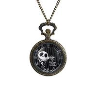 JewelryWe Nightmare Before Christmas Pocket Watch Men Women Antique Pocket Watch with Chain Black Necklace Watch for Xmas